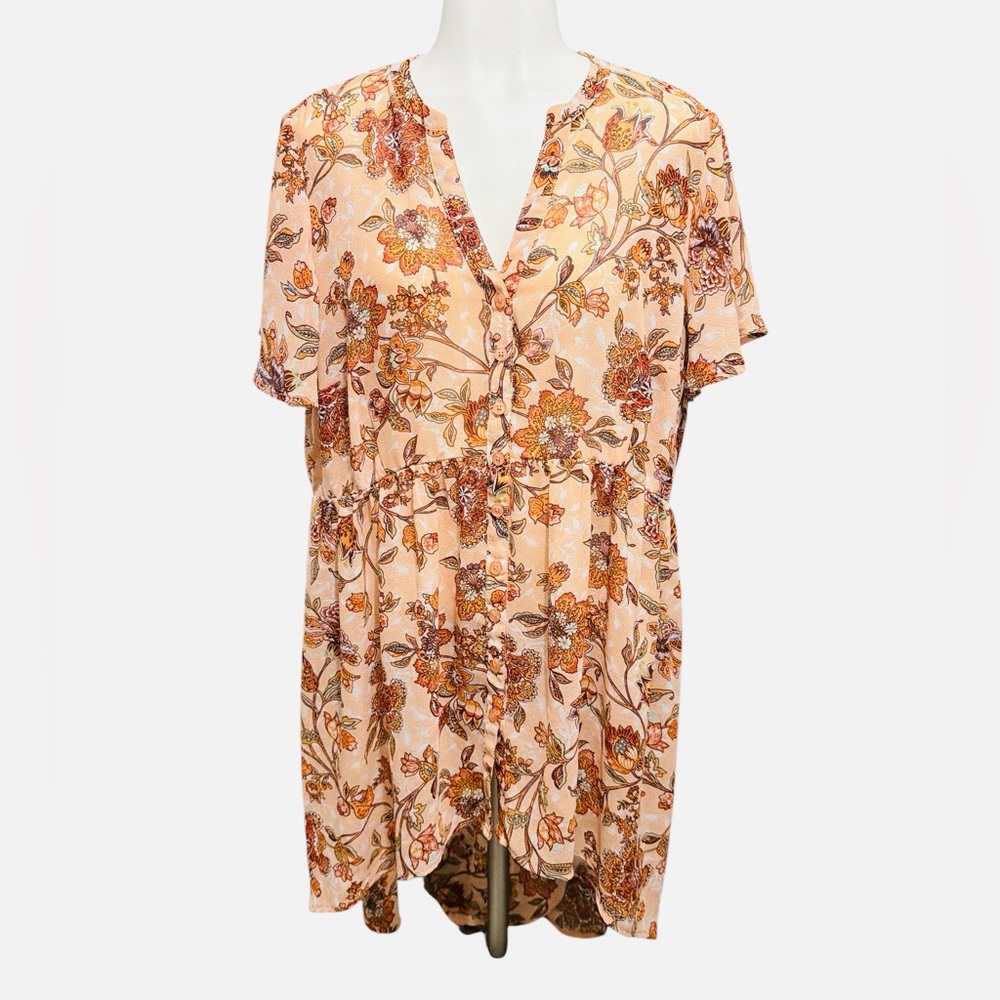 Torrid V-Neck Lexie Babydoll Top Chiffon Floral Pink/Peach Sheer Size 1 - Picture 4 of 10